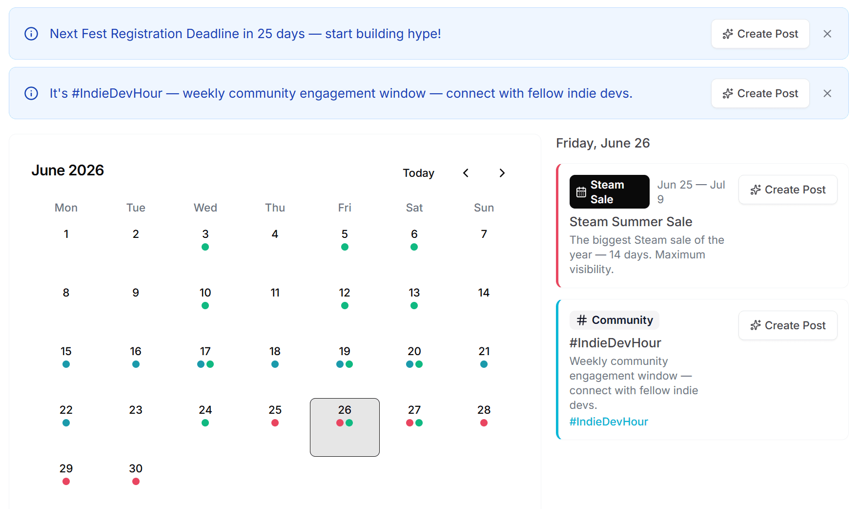 The Social Publisher scheduling calendar with Steam events and scheduled posts