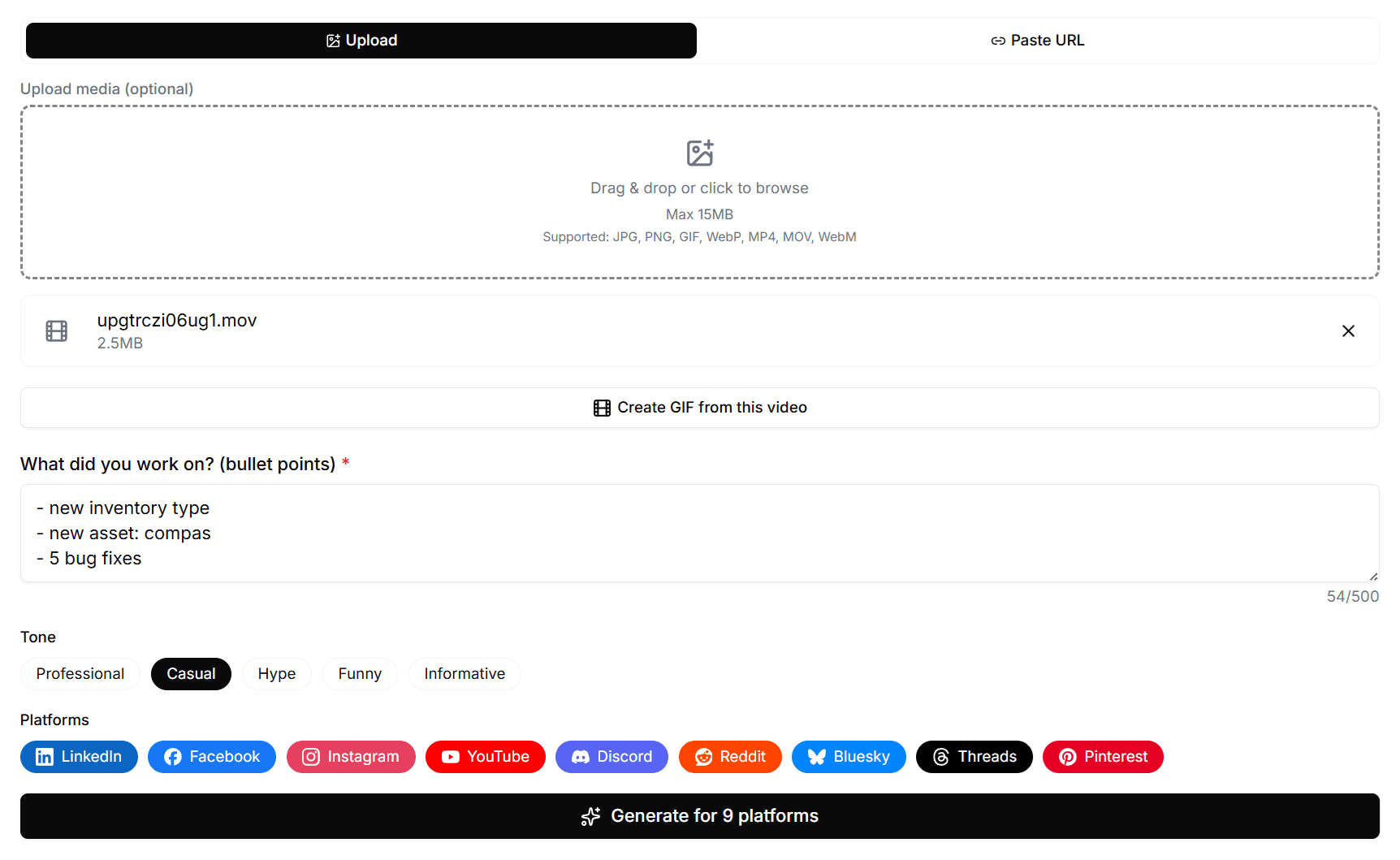 The Social Publisher content studio showing bullet-point input and platform-adapted post drafts