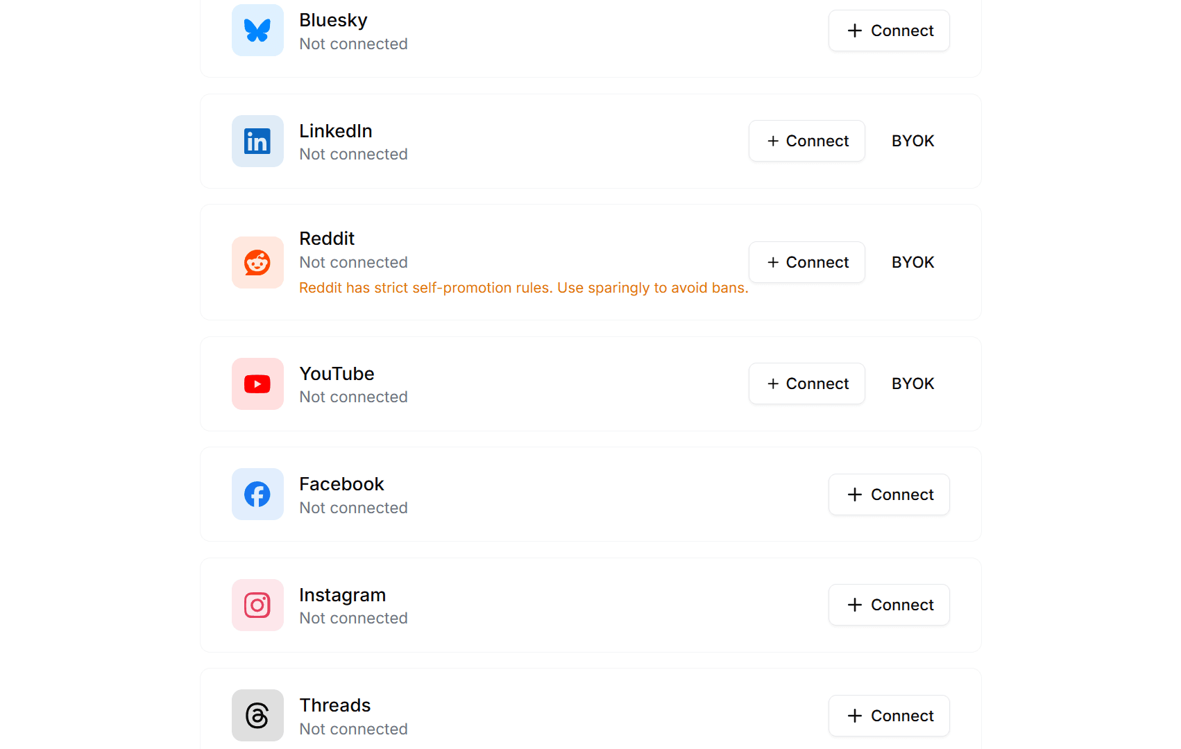 The Social Publisher platform connections screen listing 19 social platforms